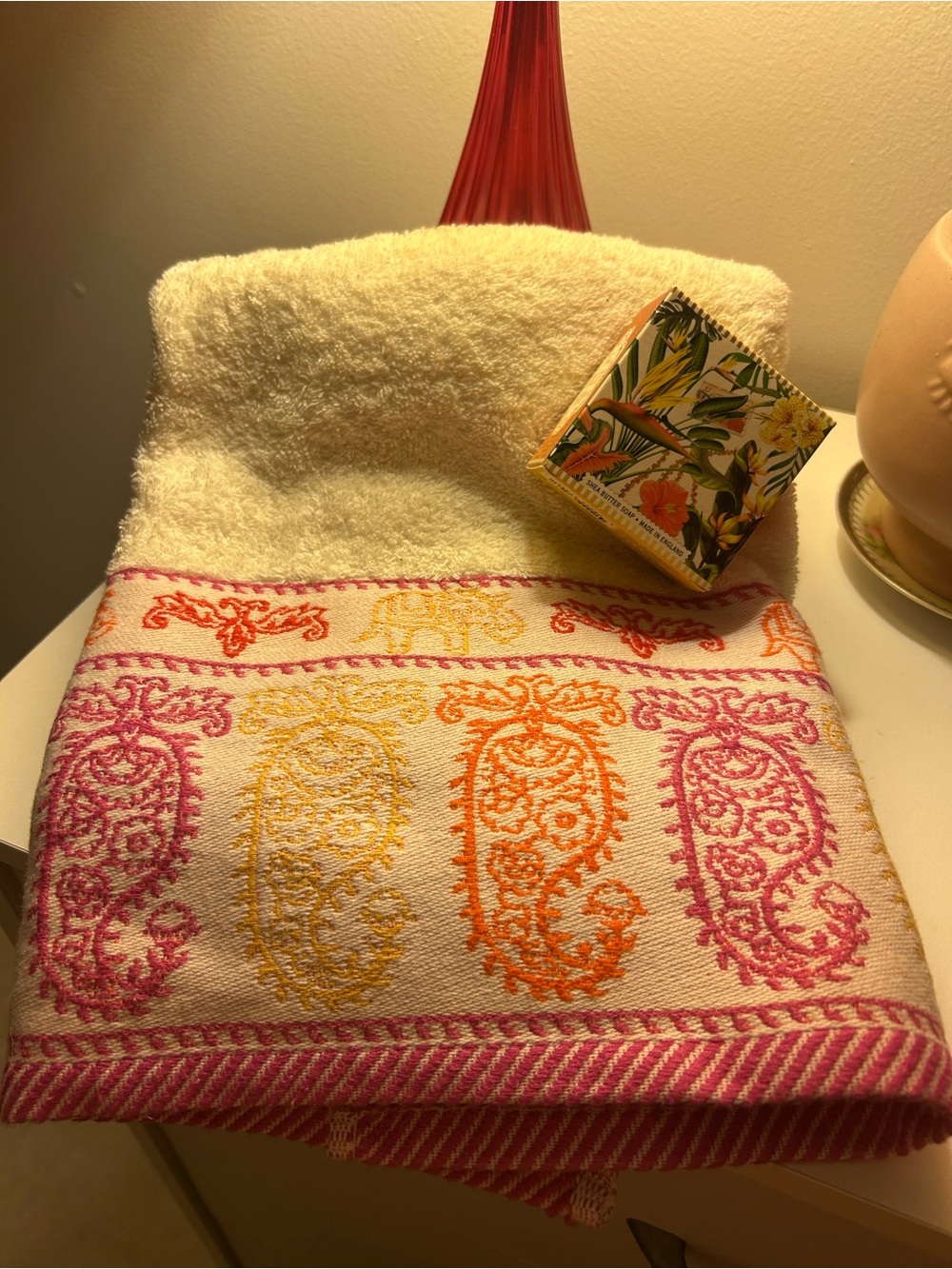 Embroidered Multicolor Paisley Hand Towel & Shea Soap